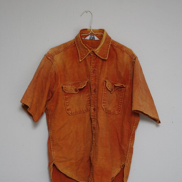 Vintage Woolrich Short Sleeve Heavy Cotton Shirt USA Made Orange Medium Twill - Picture 4 of 5